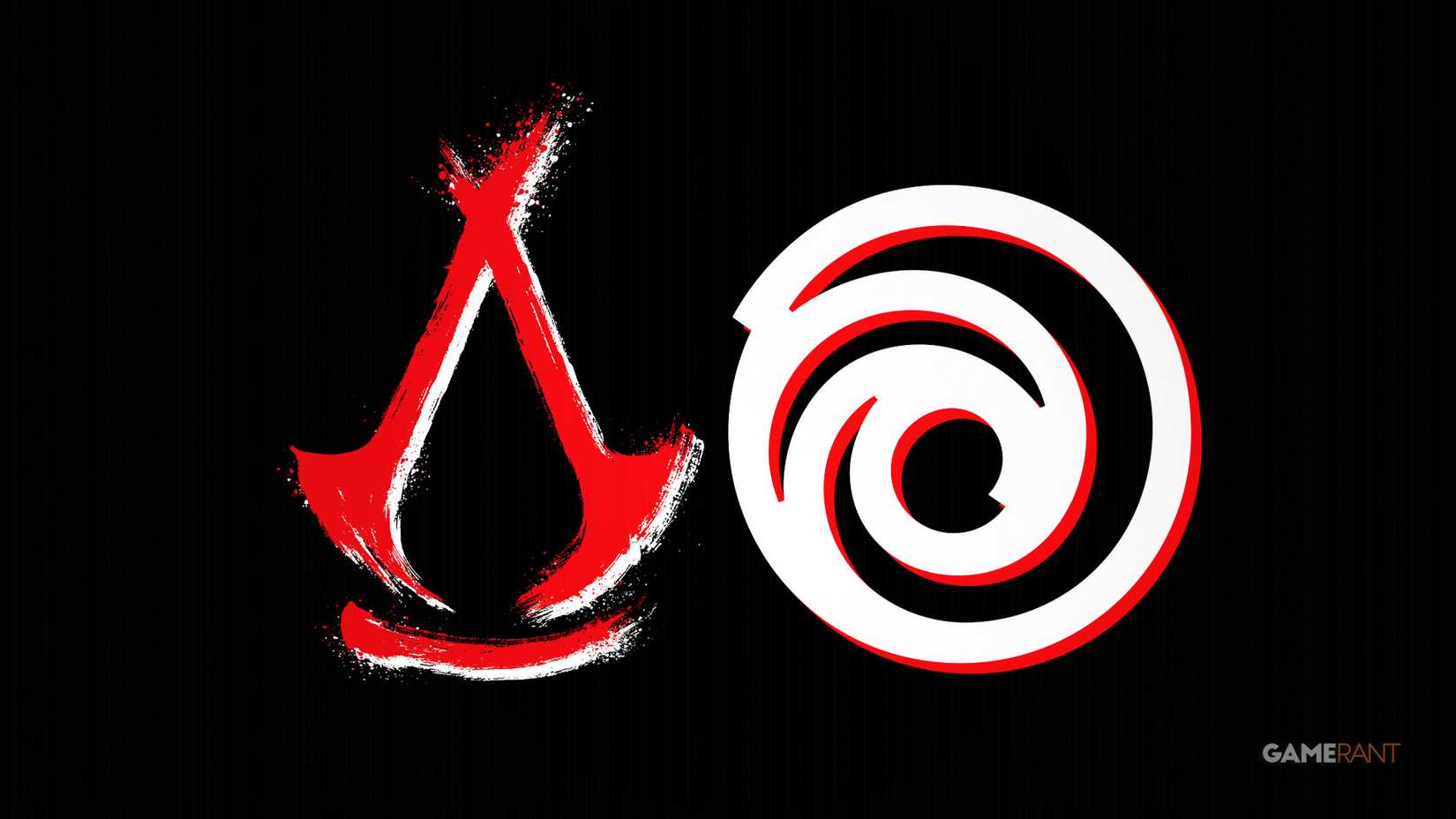 Red and white Assassin's Creed logo next to white and red Ubisoft logo 16x9 composite vertical lines dark background