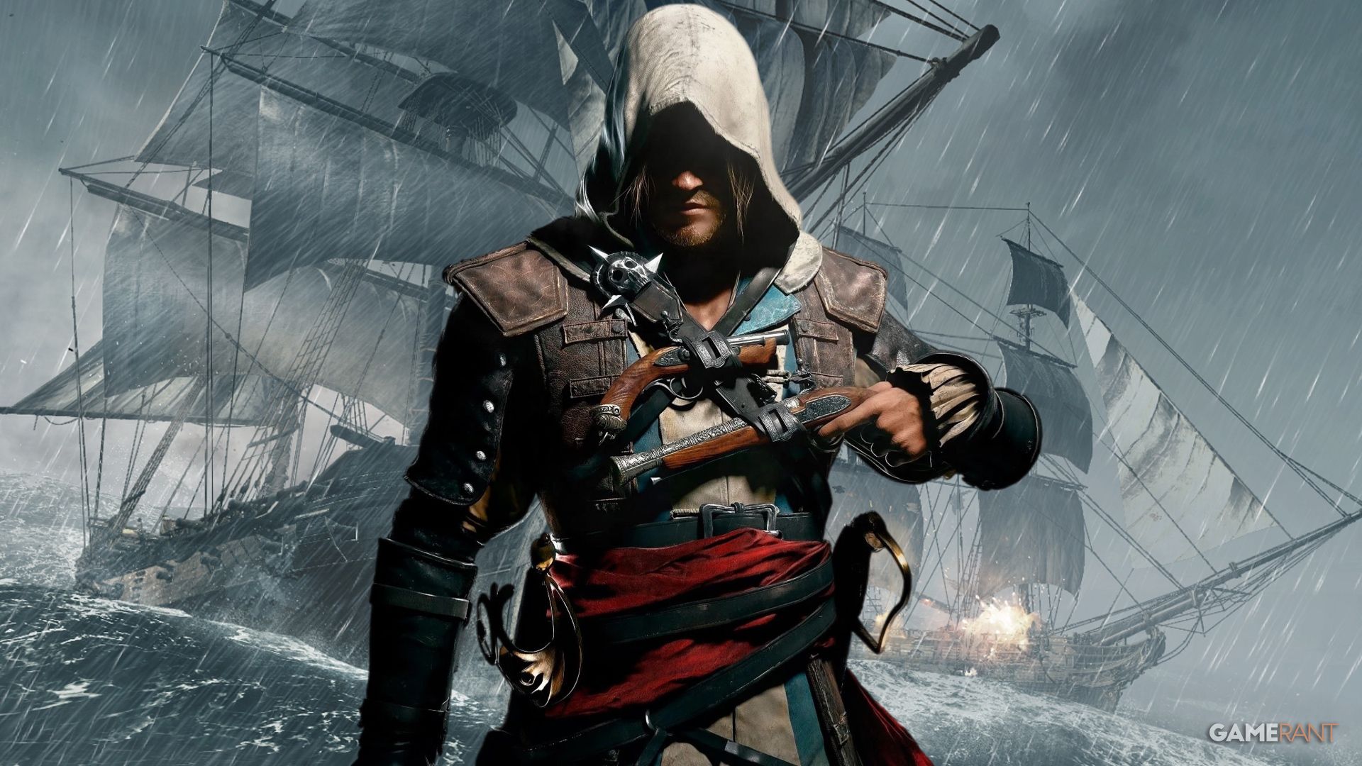 assassin's creed black flag edward in front of ships in a storm