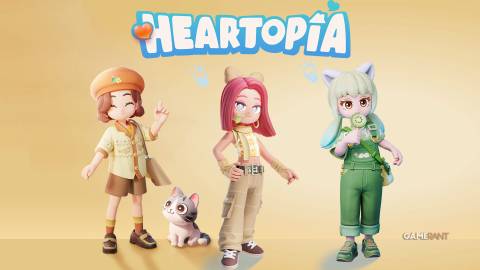 Heartopia characters with game logo composite