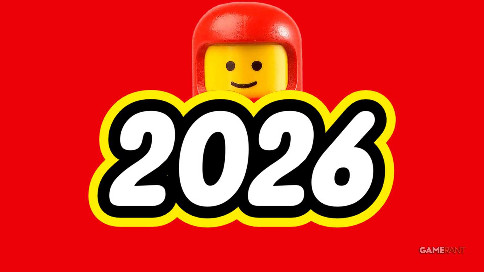 LEGO-style 2026 typeface with smiling helmeted minifigure composite red background