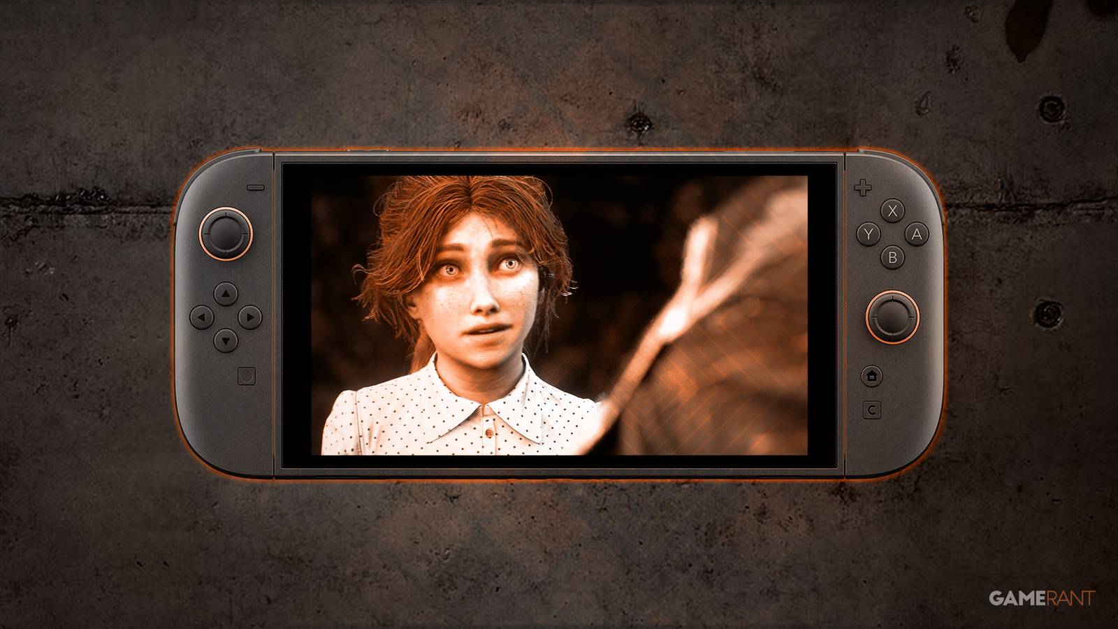 Nintendo Switch 2 displaying Maelle in Clair Obscur Expedition 33 concrete background composite