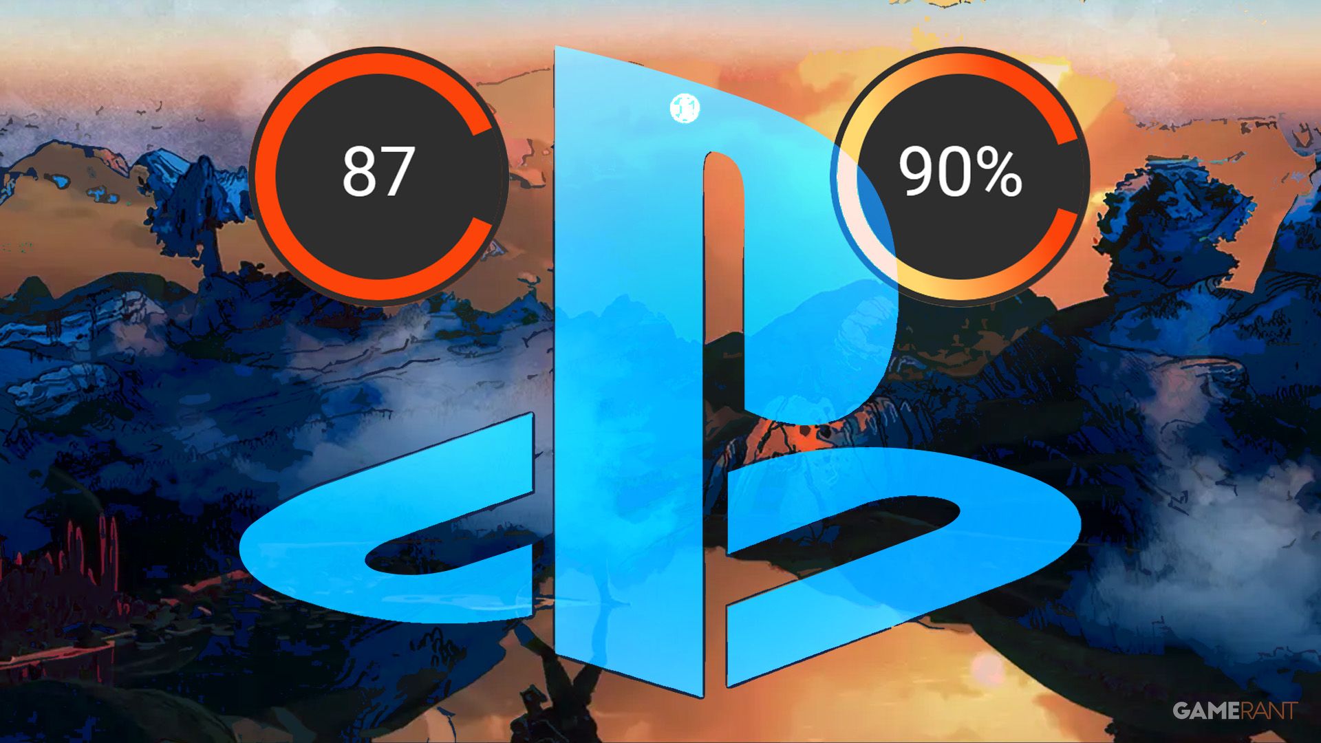 PlayStation logo submark semi-transparent blue over Cairn landscape screenshots composite