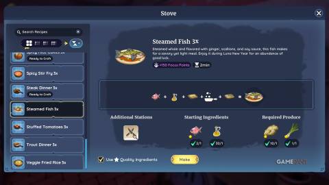 The cooking user interface when interacting with the Stove which highlights the Steamed Fish dish that requires a Bahari Bream as an ingredient.