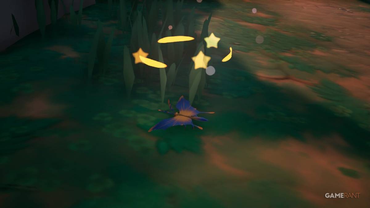 A Sunburst Batterfly lying on the ground after being stunned by a Sticky Smoke Bomb in Palia.