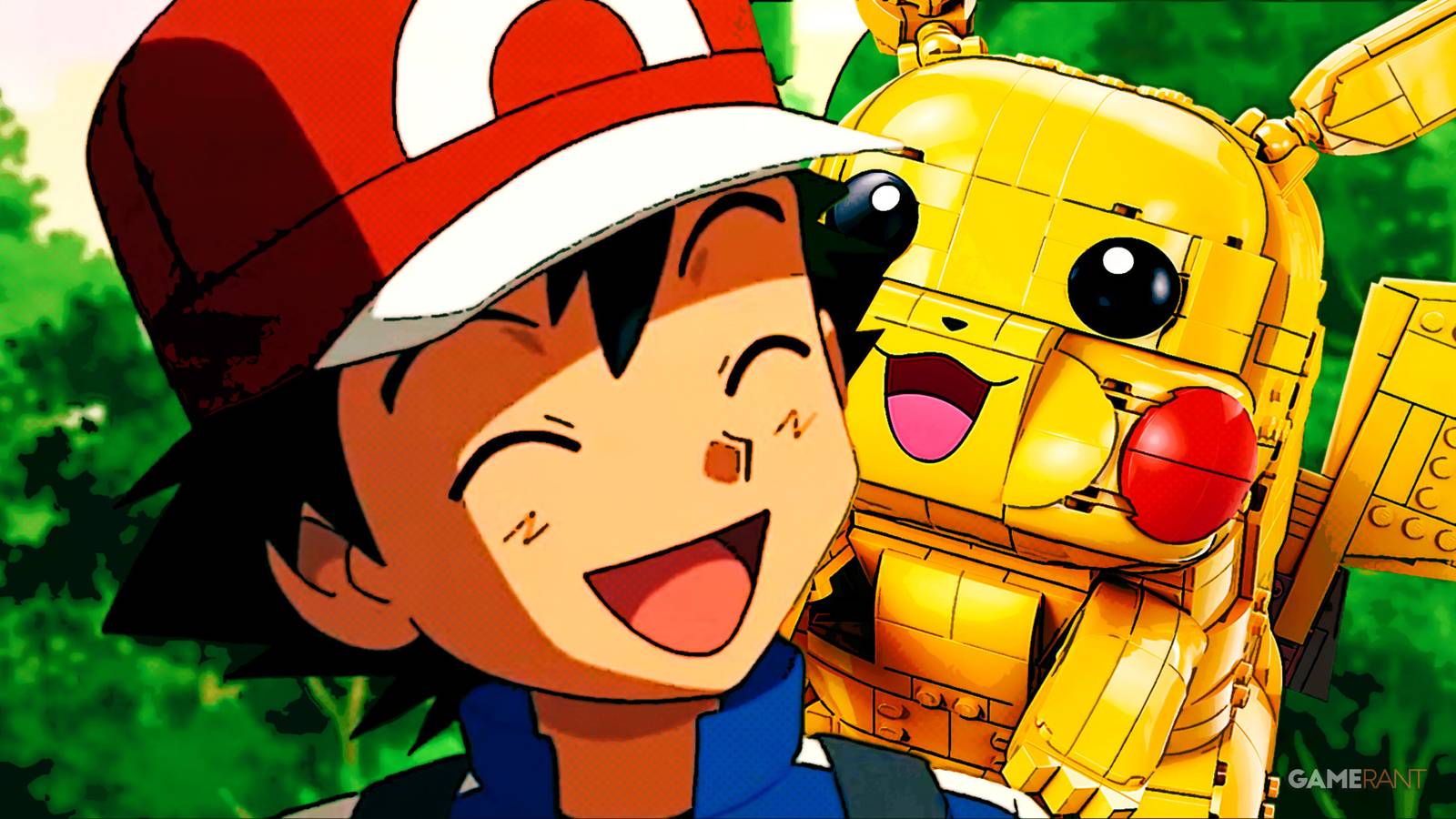 Ash Ketchum with LEGO Pikachu on his shoulder smiling composite
