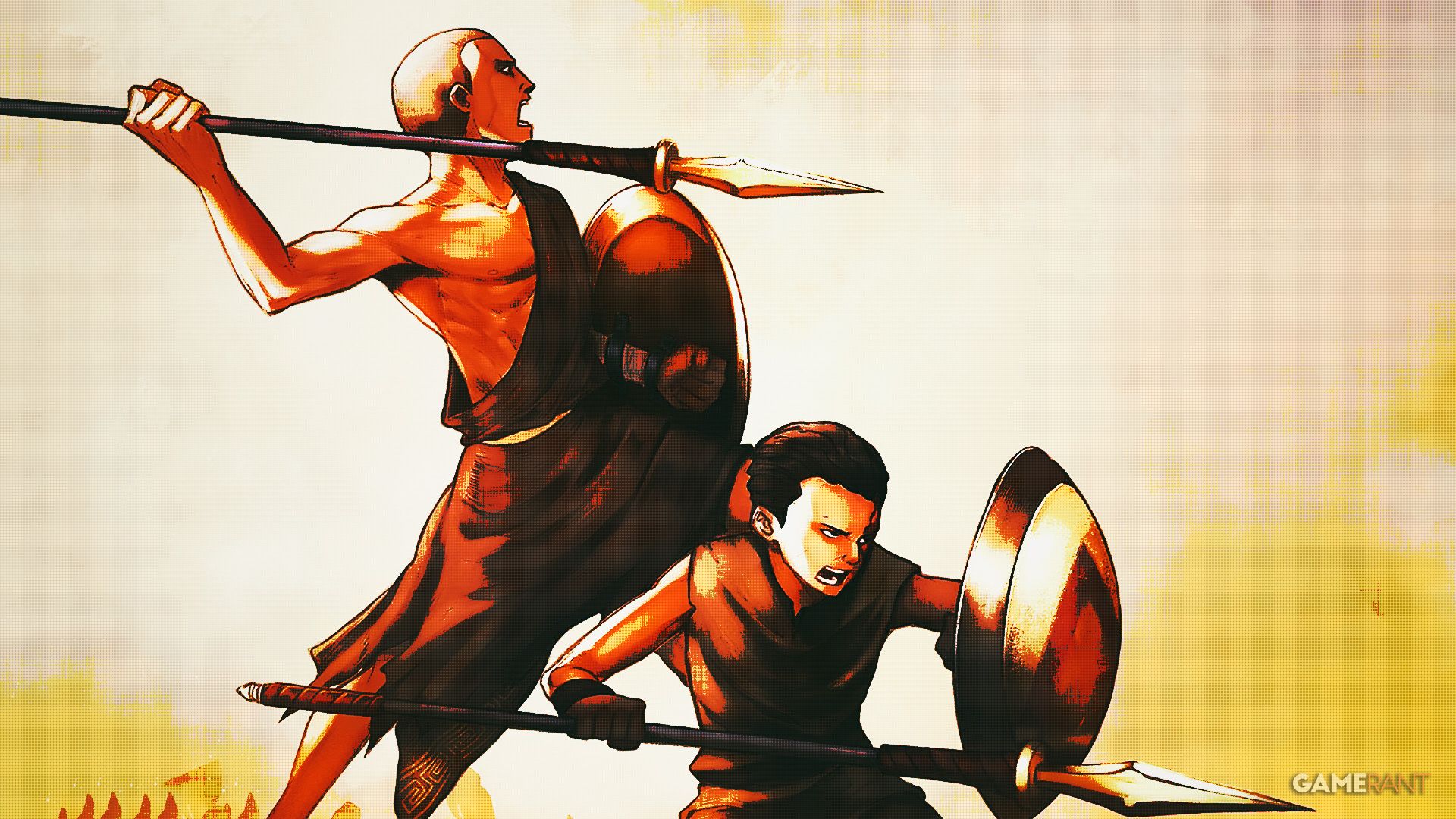 God of War Sons of Sparta protagonists attacking illustration stylized