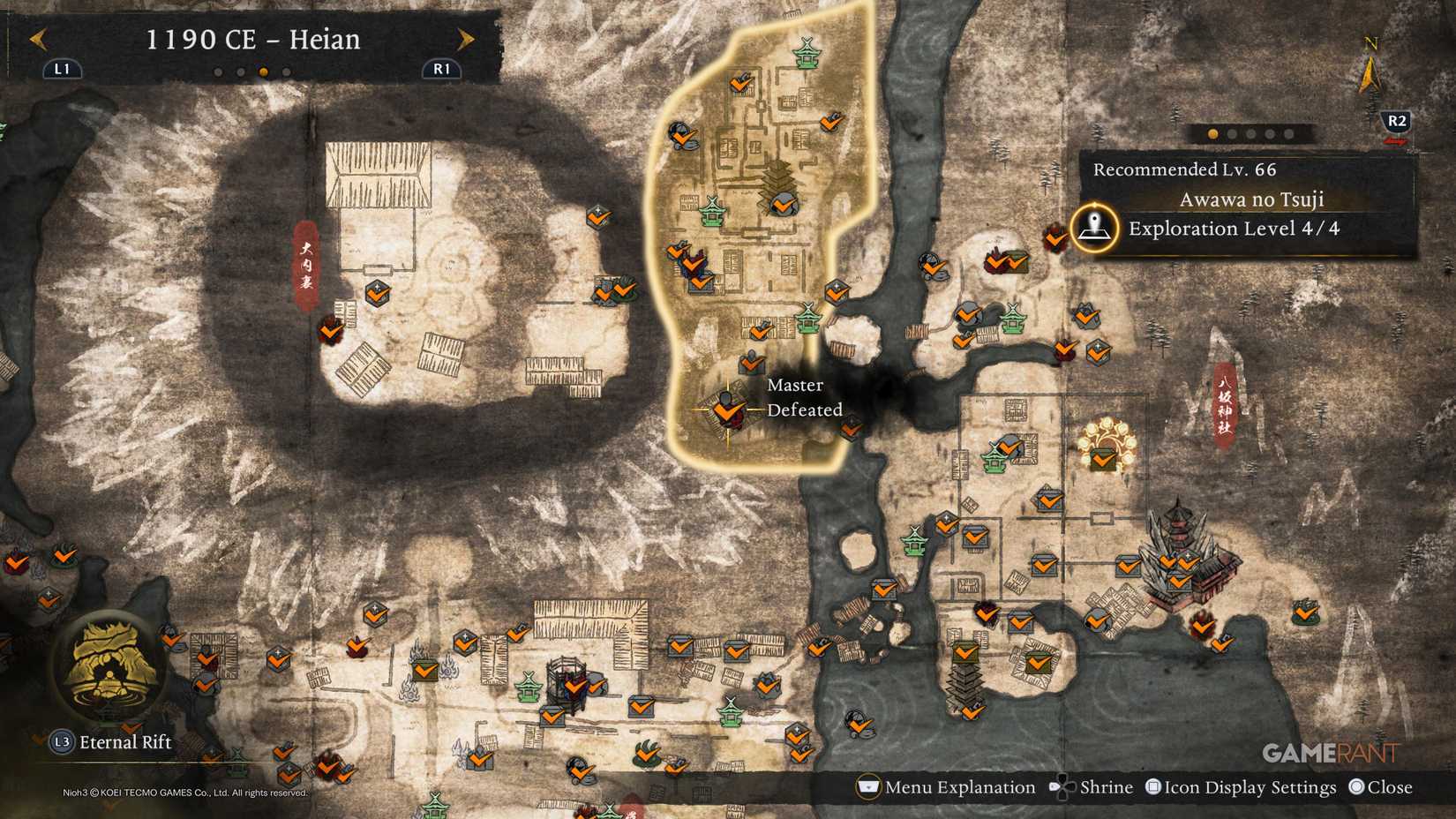 Localizações estratégicas dos mestres em Vila Kamo, Nishiichi, Awawa no Tsuji e Hachijo | Dropraro