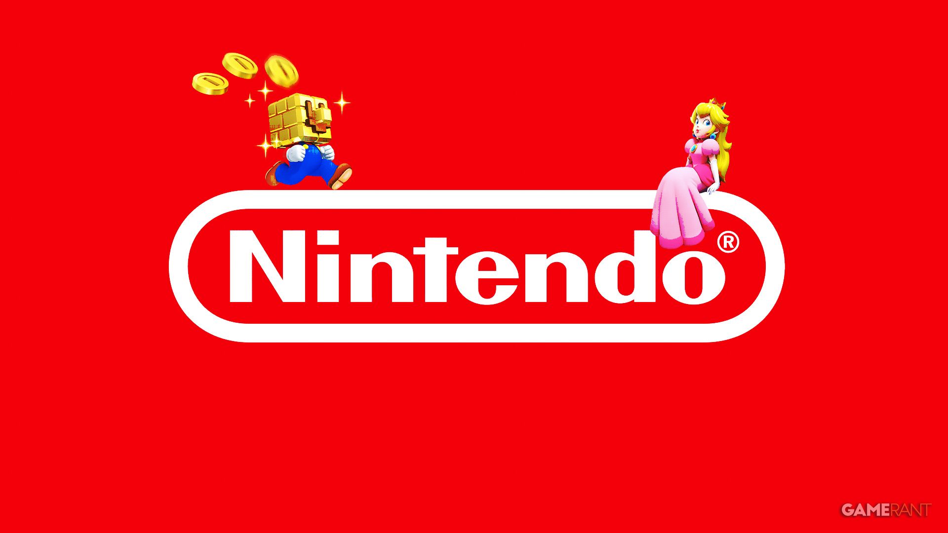 Nintendo logo red background with Super Mario coin head and Princess Peach composite