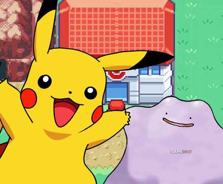Pikachu and Ditto in front of Pokemon FireRed LeafGreen mountain Poke Center screenshot