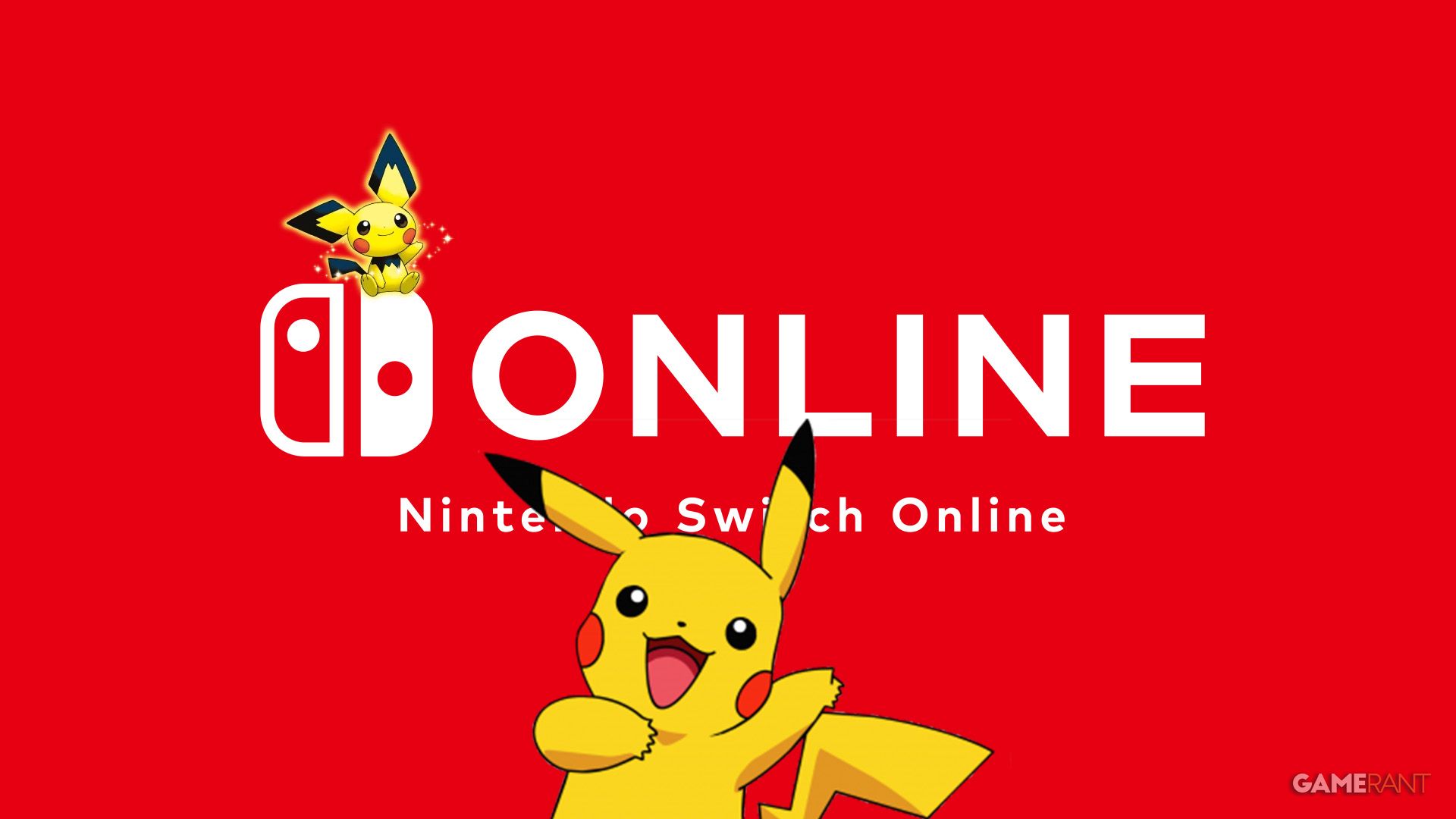 Pikachu and Pichu with Nintendo Switch Online logo red background composite