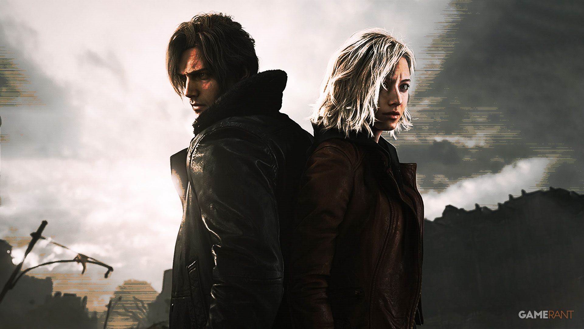 Resident Evil Requiem Leon and Grace posing stylized promo art