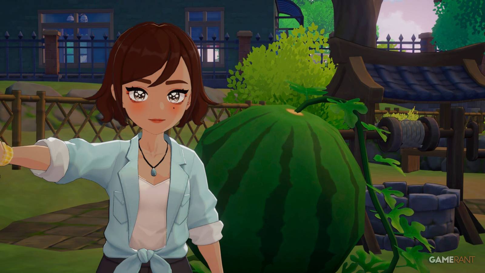 An in-game photo taken with a large watermelon in the backyard of the Happiness Seed Shop.