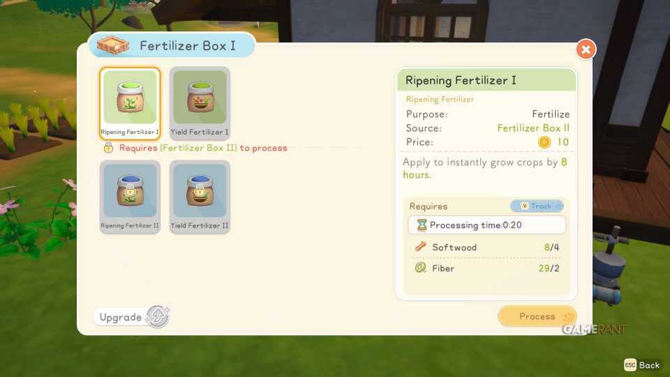 Combine Fiber and Softwood and place them in the Fertilizer Box to make some fertilizer to scatter over your crops to speed up its growth time.
