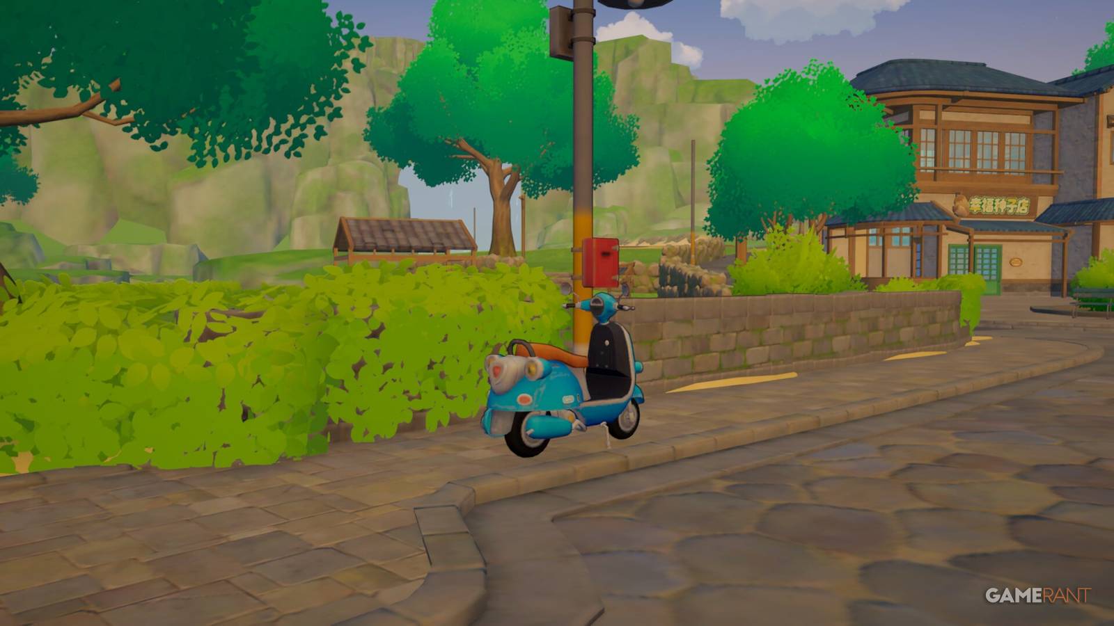 A scooter is parked across the street from Zerine's General Store which is available to rent.