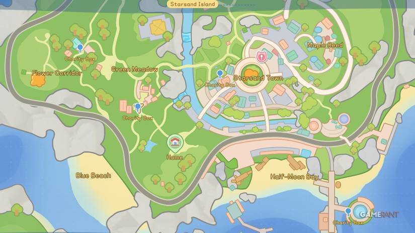 The world map locations of all charity boxes on Starsand Island.