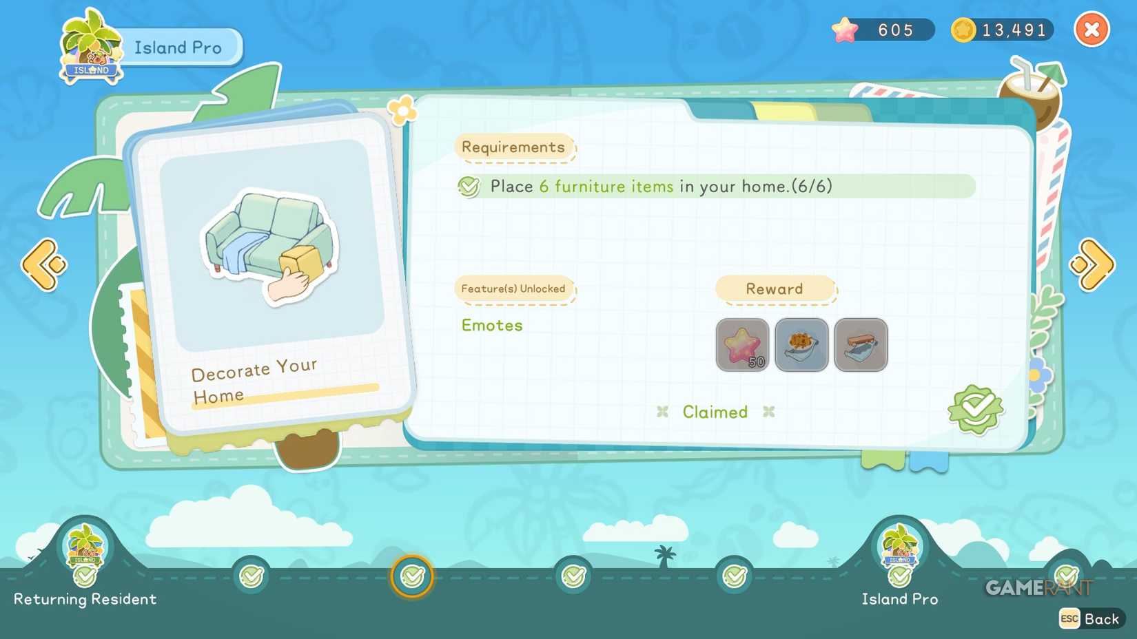 Unlock Emotes by completing "Decorate Your Home" from the Islanfd Life app.