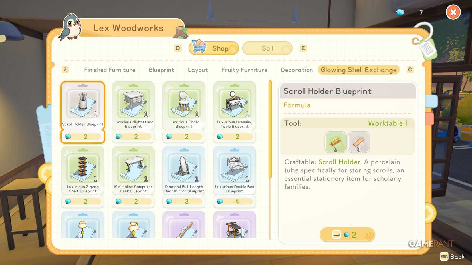 Head to Lex Woodworks where yo can exchange Glowing Shells for exclusive furniture blueprints.
