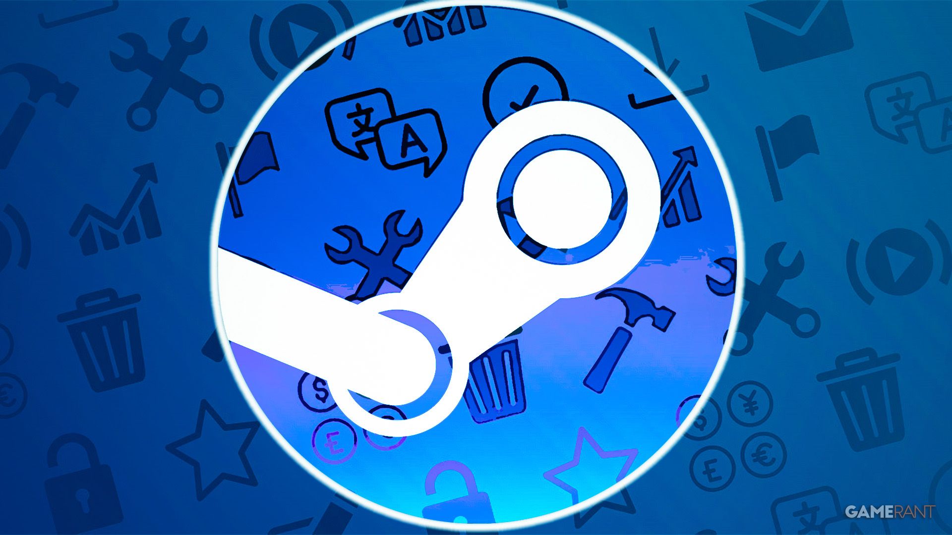 Semi-transparent Steam logo over Steamworks icons background composite