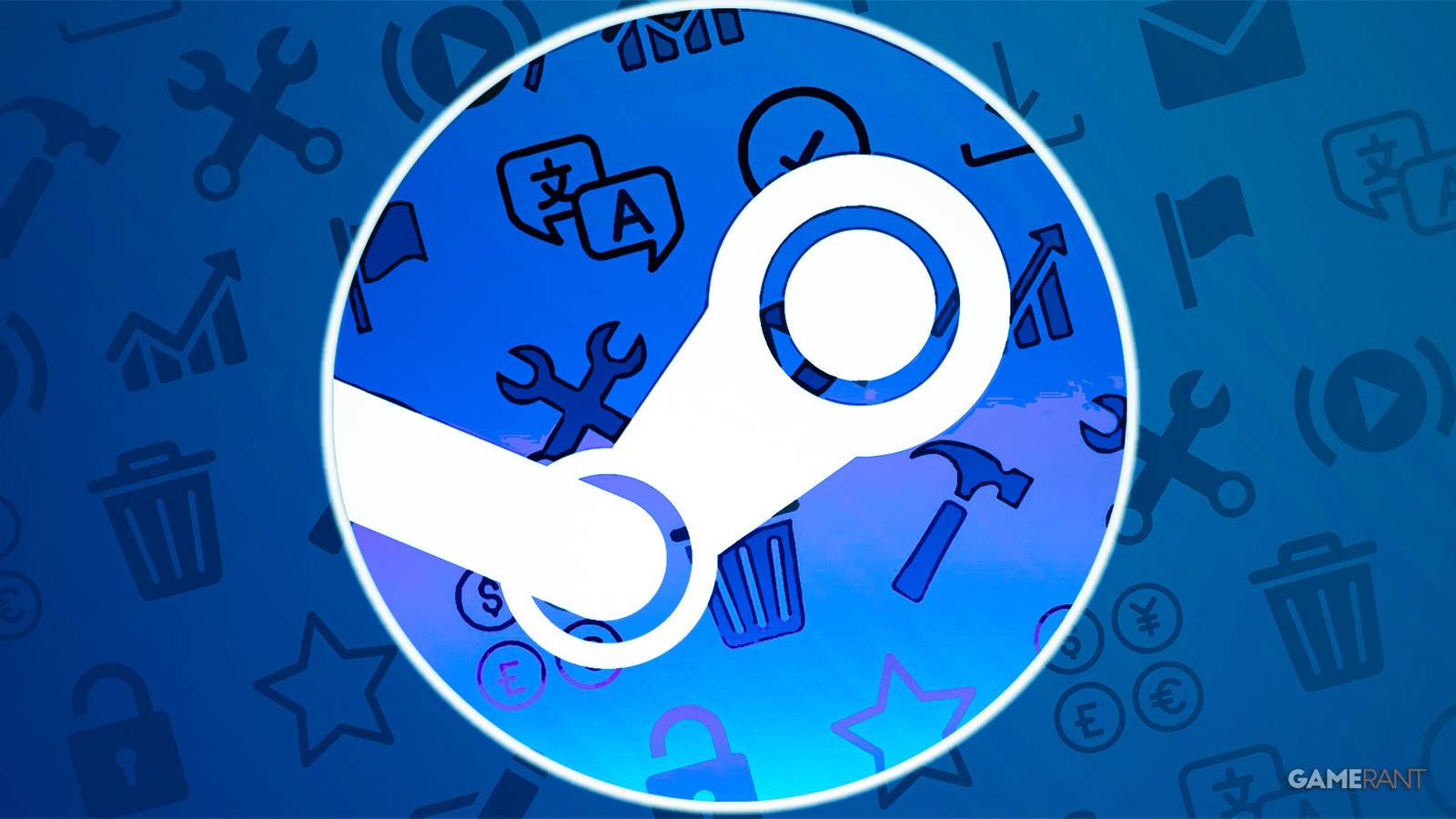 Semi-transparent Steam logo over Steamworks icons background composite