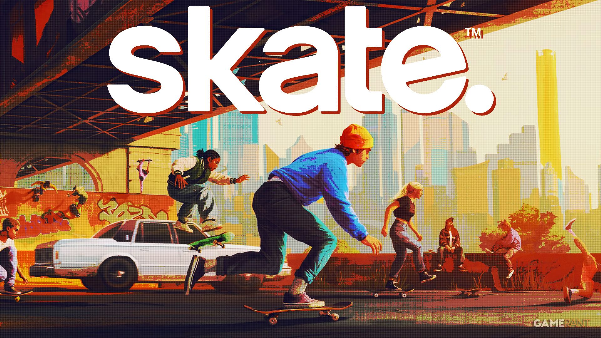 Skate cover stylized with cutout-style game logo composite