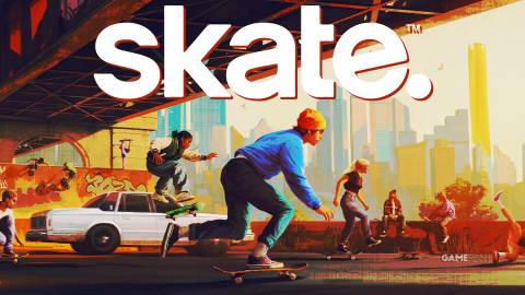 Skate cover stylized with cutout-style game logo composite