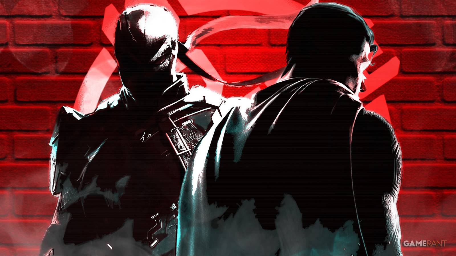 Suicide Squad Kill the Justice League Superman and Deathstroke silhouettes red wall smoke composite