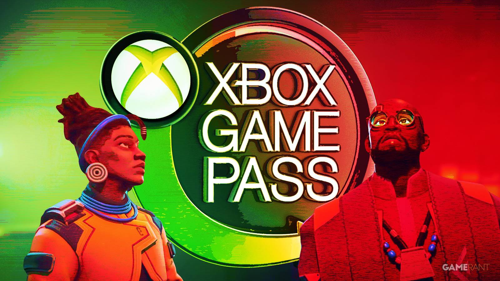 two Relooted characters looking at stylized Xbox Game Pass logo green and red lights composite