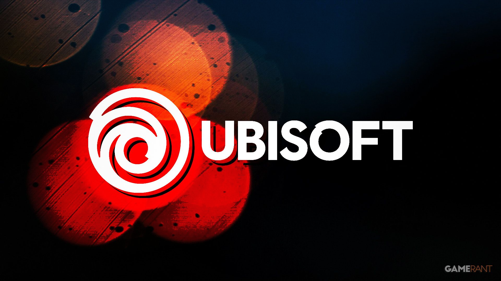 Ubisoft logo over red bokeh background composite