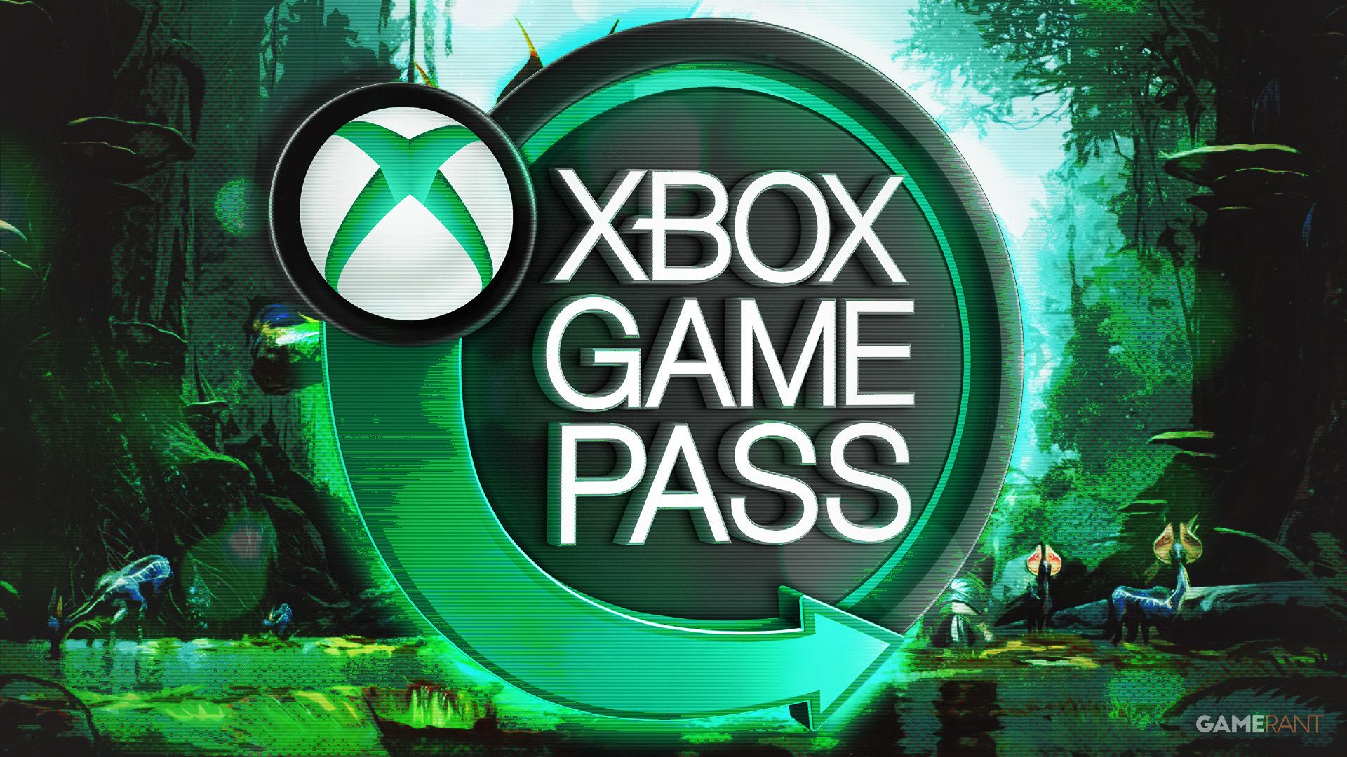 Xbox Game Pass circular dark green logo over Avatar Frontiers of Pandora hard mixed marsh swamp screenshot