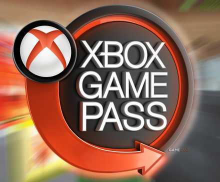 Xbox Game Pass logo over TCG Card Shop Simulator zoom-blurred screenshot