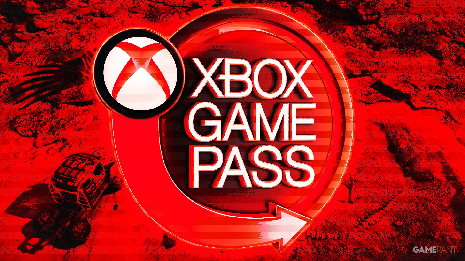 Xbox Game Pass red glowing sign over red-tinted Expeditions a Mudrunner Game posterized screenshot composite