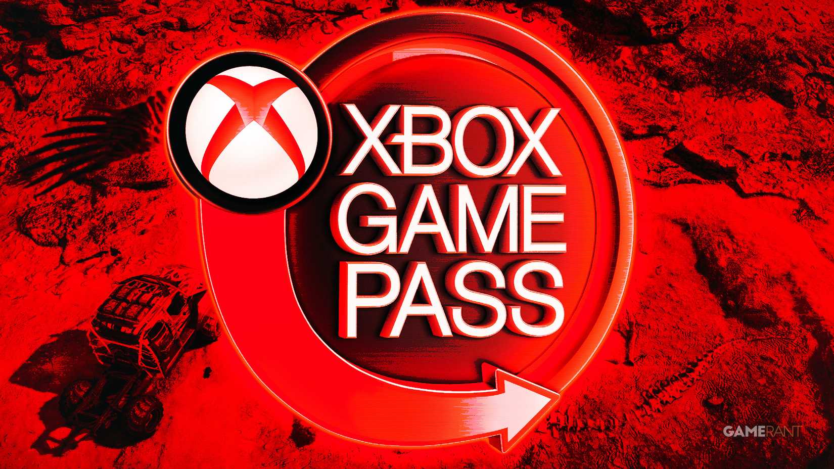 Xbox Game Pass red glowing sign over red tinted Expeditions a Mudrunner Game posted screenshot composite