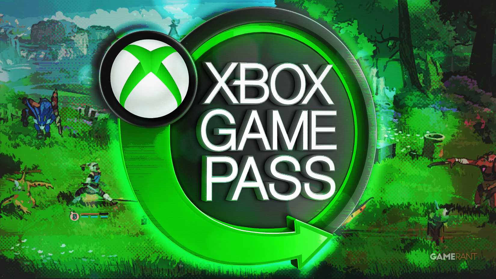 Xbox Game Pass sign logo over Towerborne posterized screenshot composite