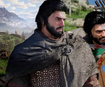 Kliff standing stoic with a battle scene and landscape in the background