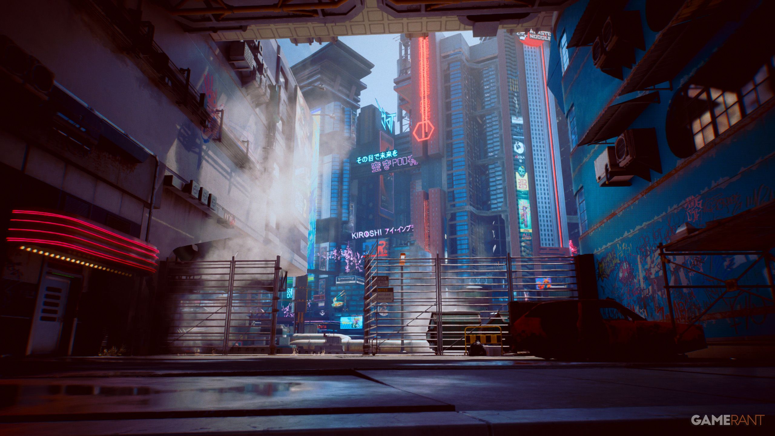 A Cyberpunk 2077 screenshot featuring a view of Night City downtown from a dim alley.