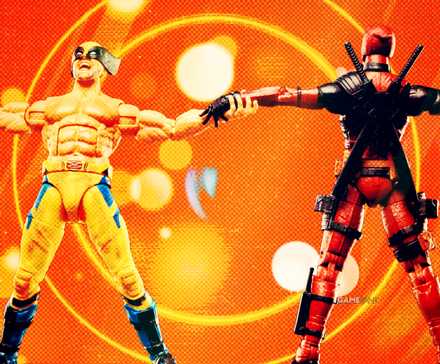 A composite image featuring Wolverine and Deadpool figures from Hasbro's Marvel Legends line holding hands while surrounded by some dramatic abstract lighting.