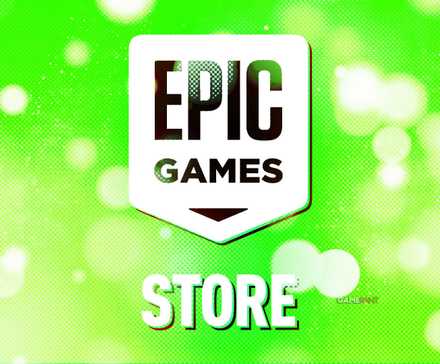 A white Epic Games Store logo on a bright green background with a bokeh effect and some halftone-style shading.