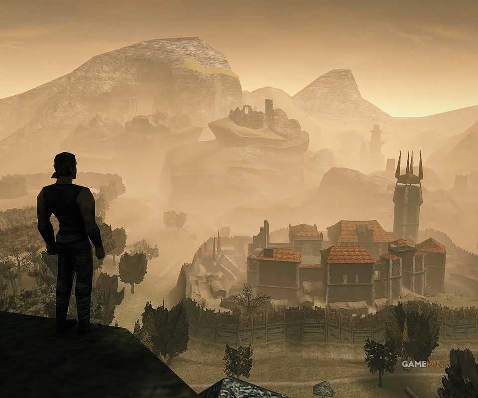 A Gothic Classic mobile version screenshot featuring the Nameless hero standing on a cliff overlooking the Old Camp.