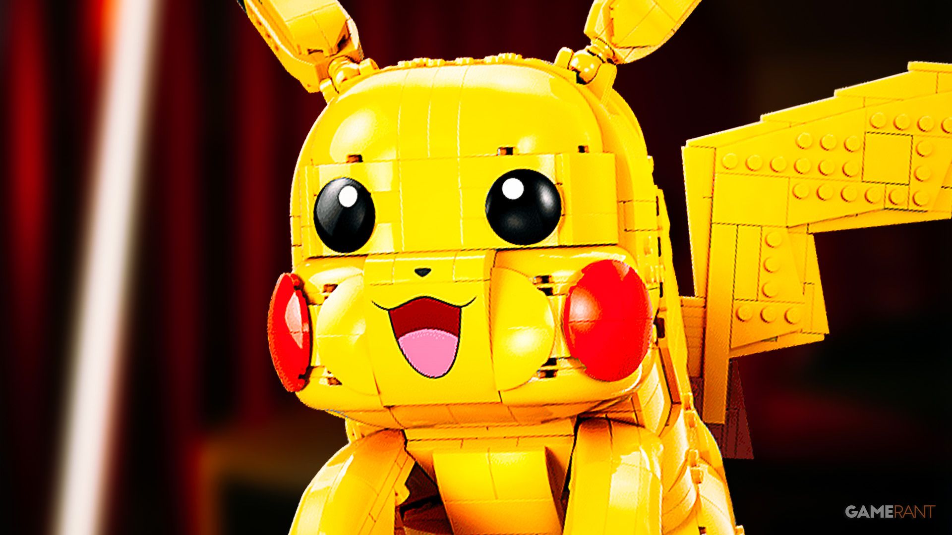 This is a composite image of a close-up of a smiling Pikachu from the 72152 LEGO Pokemon set called Pikachu and Pokéball.