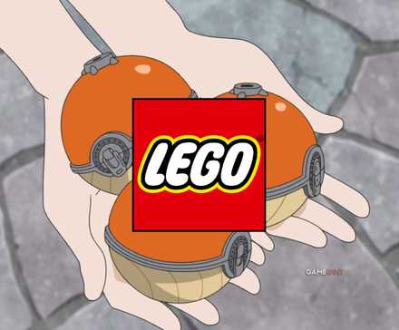LEGO logo in front of three poke balls from Pokemon anime