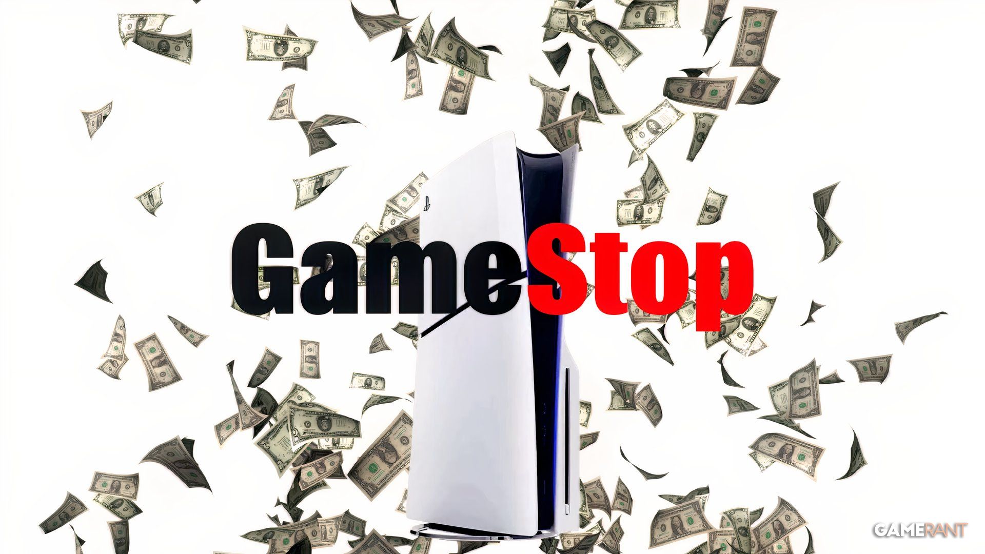 Ilustrasi GameStop Trade-in Deal, PS5 Slim dengan uang jatuh dan logo GameStop
