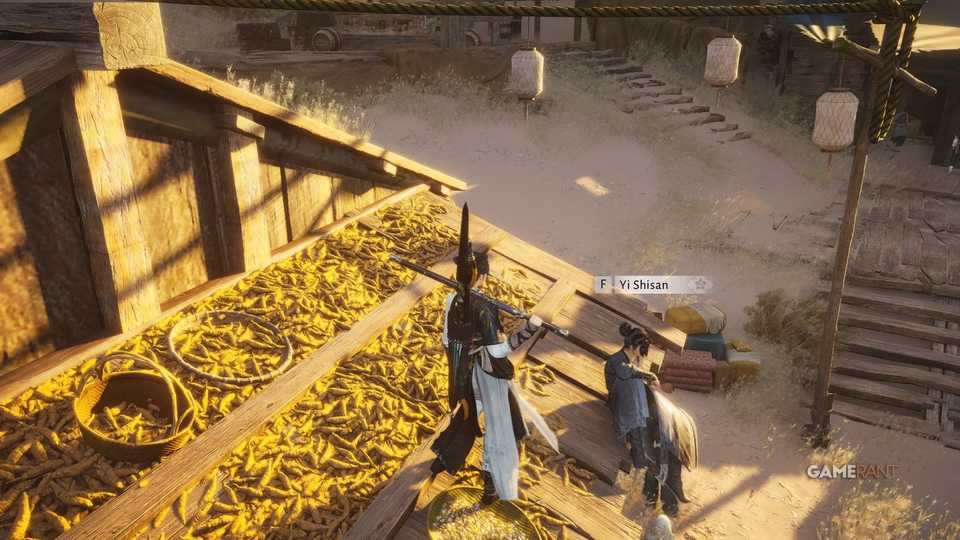 The swordsman, Yi Shisan, can be found sitting on teh roof of a house across from the Karez Boundary Stone.