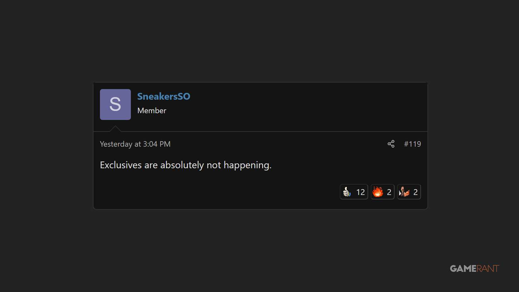 A screenshot of NeoGAF user SneakersSO saying "exclusives are absolutely not happenning" in response to speculation of Xbox game exclusives coming back on March 7, 2026.