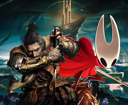 custom image with sekiro's wolf, silksong's hornet, and solateria backdrop together