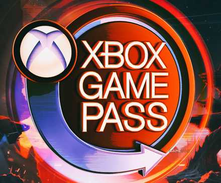 A circular blue-and-orange Xbox Game Pass logo with a glowing outline superimposed on a piece of official Stellaris artwork depicting a sci-fi landscape.