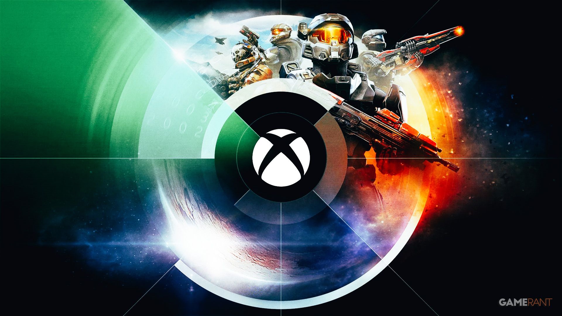 A composite image with a white Xbox logo sub-brand in front of a planet. Several Halo characters were edited into the frame.