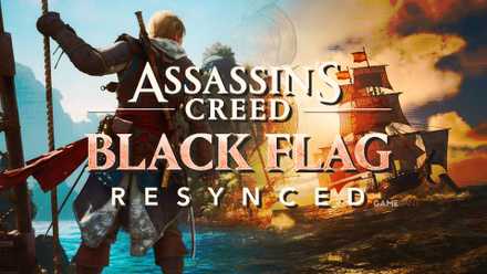 Two screenshots of Assassin's Creed 4: Black Flag Resynced showing Edward standing on a ship while holding on to the masts (left) and the ship at sunset (right) blended together, with the game's custom, differently colored variant of the logo visible in the foreground.