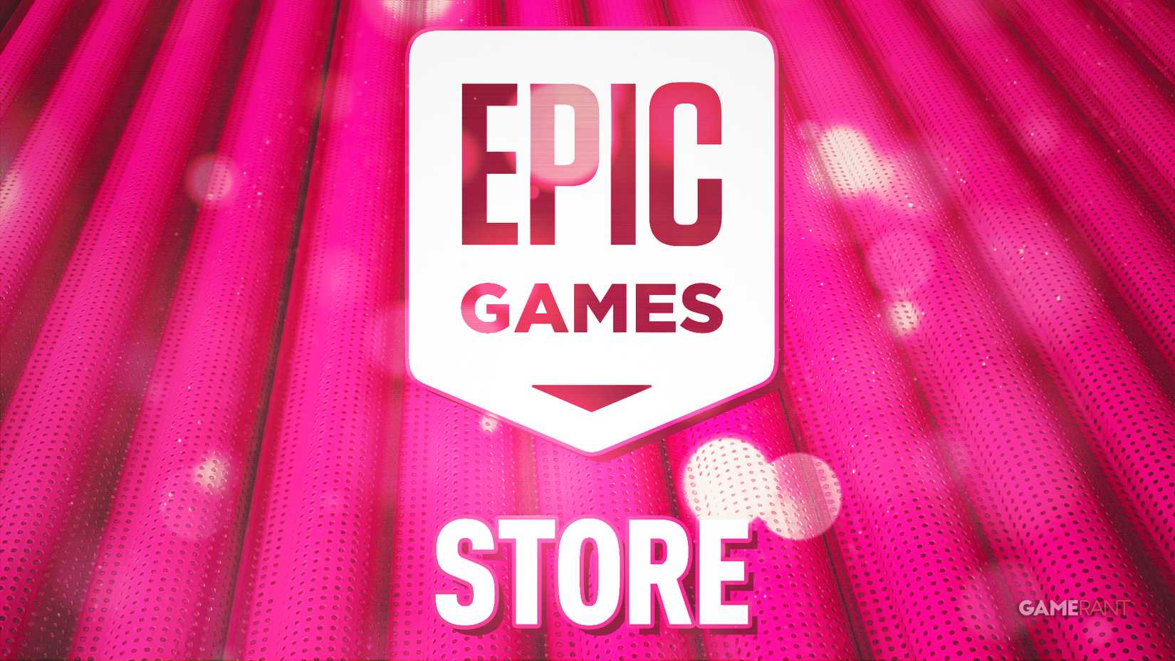 A white Epic Games Store logo on an abstract pink background consisting of minimalist angled dotted pipes, with a bokeh effect visible in the foreground.