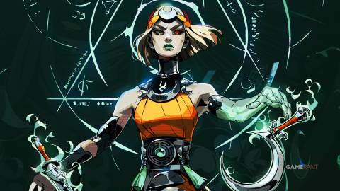 A high-contrast edit of Hades 2 cover artwork featuring Melinoë dual-wielding daggers in front of an abstract background.