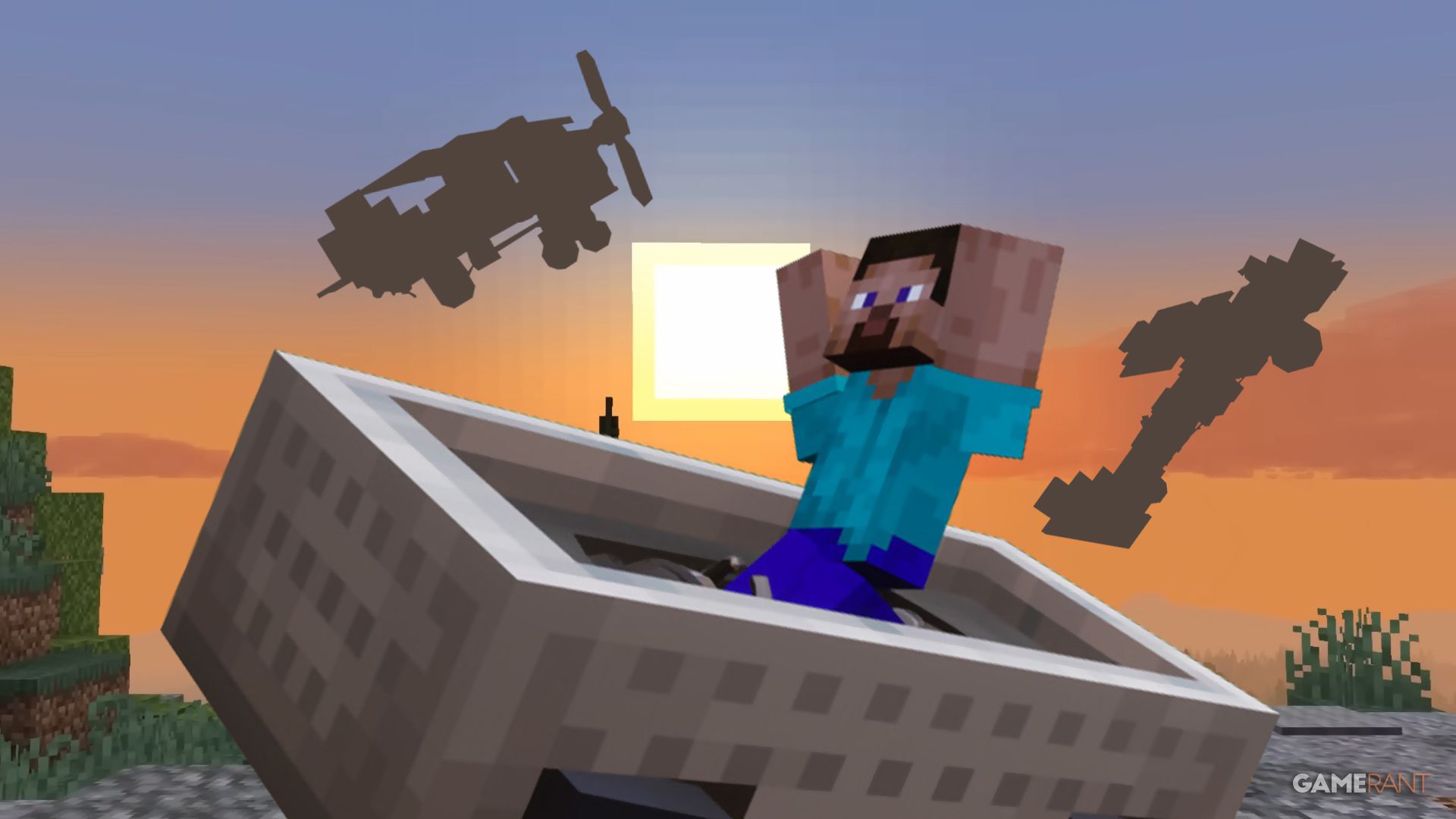 Minecraft artwork featuring Steve and several flying vehicles